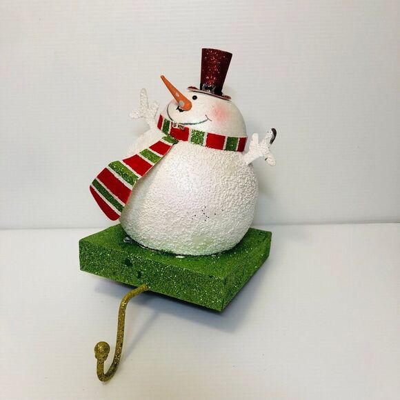 Vintage Christmas Shimmery Snowman Weighted Stocking Holder Mantel Decor - Picture 1 of 11